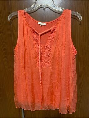 Keysha Sheer Sleeveless Crochet Bib Tie-Front Coral Silk Blouse Made in Italy M